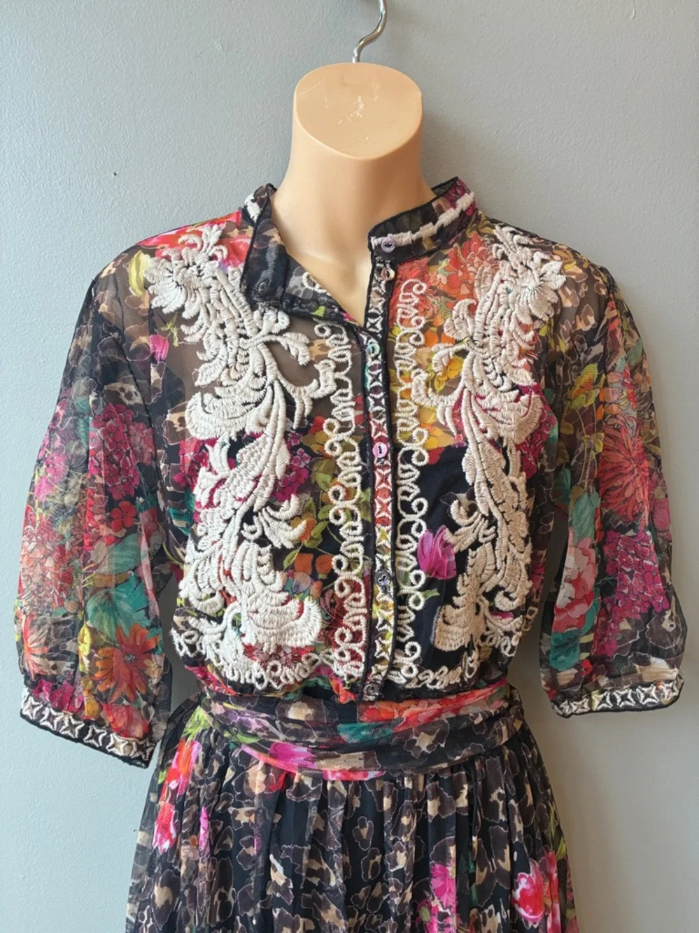 Johnny Was Mazzy Black Sheer Floral Midi Dress with White Embroidery - Picture 3 of 8